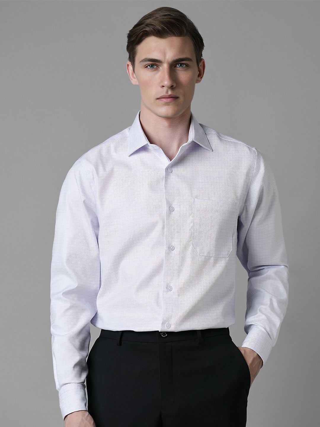 

Louis Philippe Men Spread Collar Micro Checked Cotton Formal Shirt, Blue