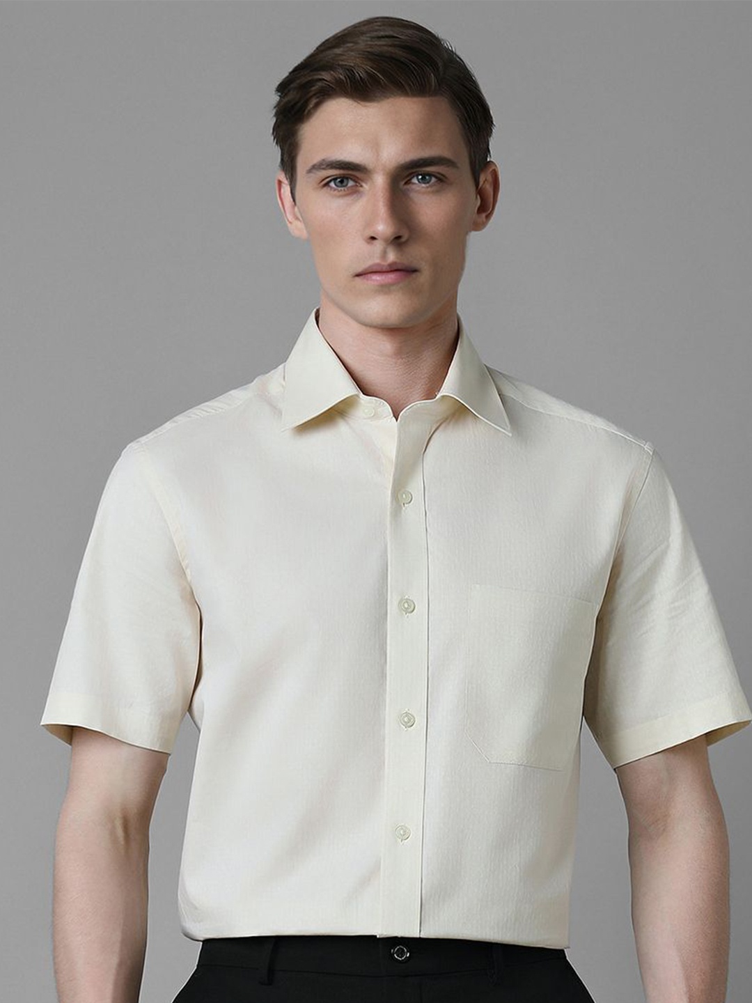 

Louis Philippe Men Spread Collar Textured Cotton Formal Shirt, Cream