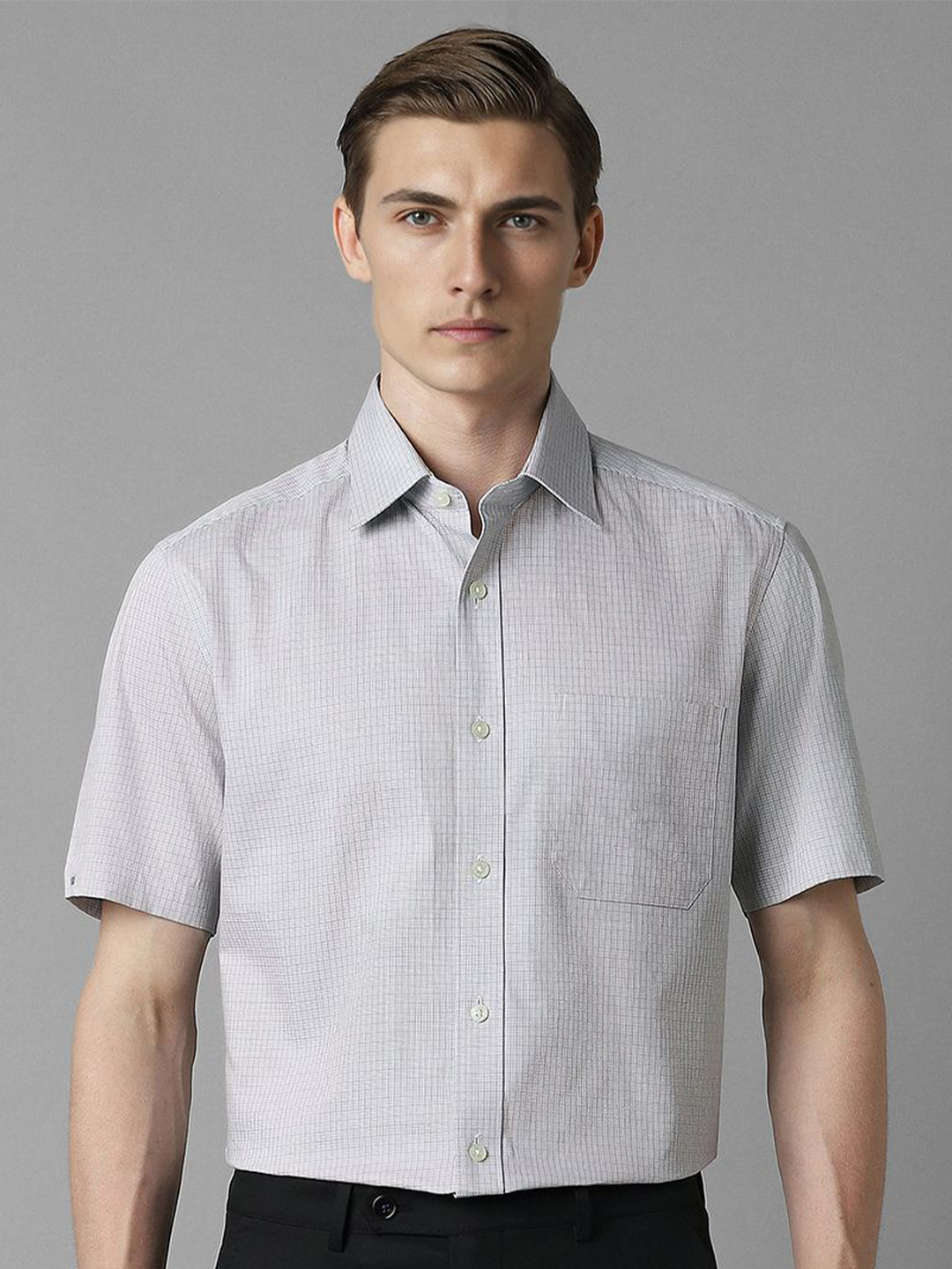 

Louis Philippe Men Spread Collar Micro Checked Cotton Formal Shirt, Grey