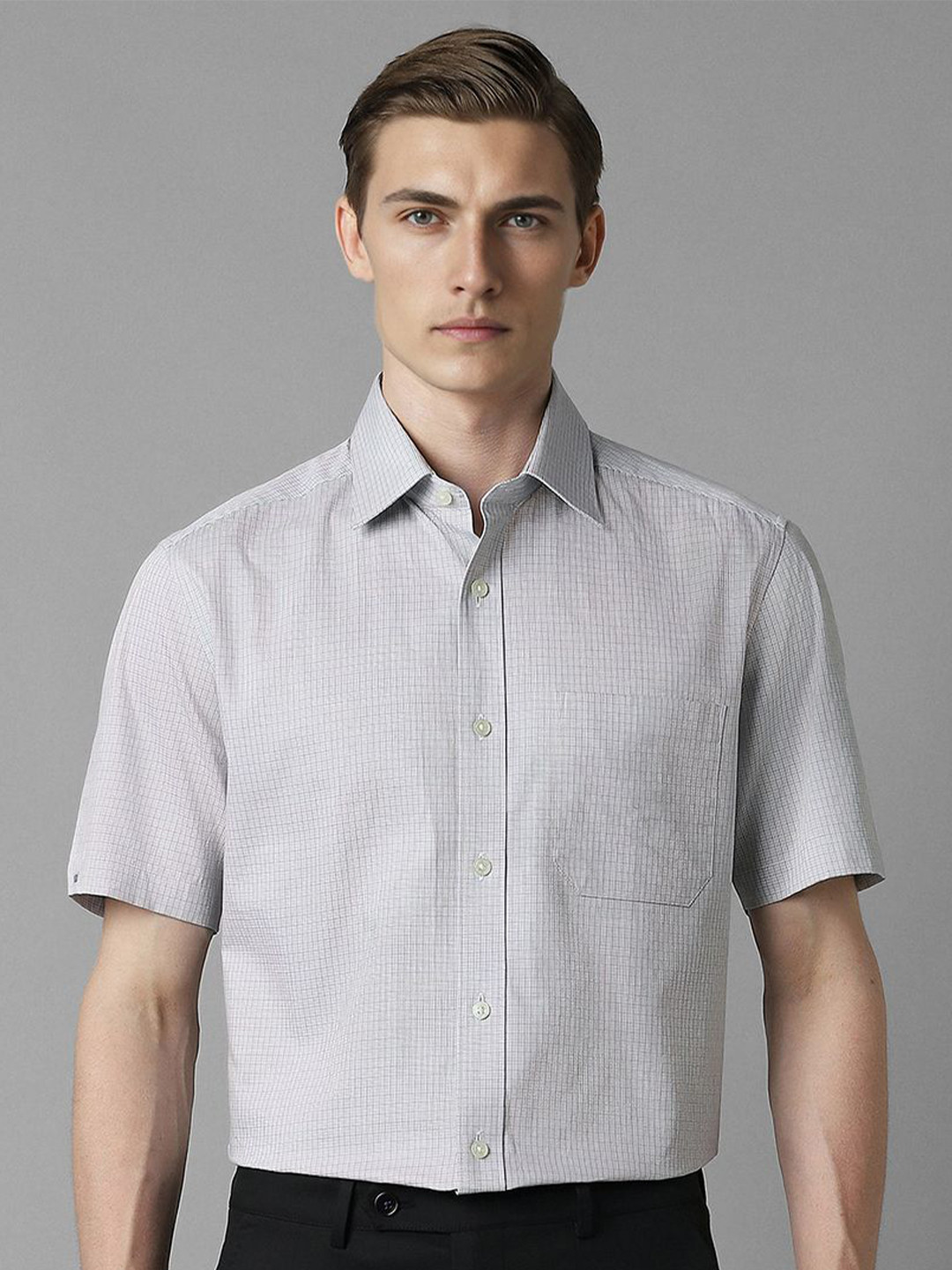 

Louis Philippe Men Spread Collar Micro Checked Cotton Formal Shirt, Grey