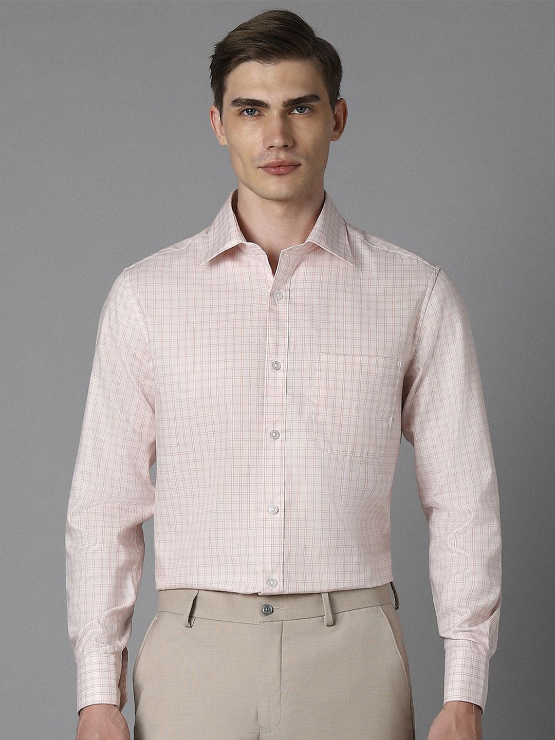 

Louis Philippe Men Spread Collar Grid Tattersall Checked Cotton Formal Shirt, Peach