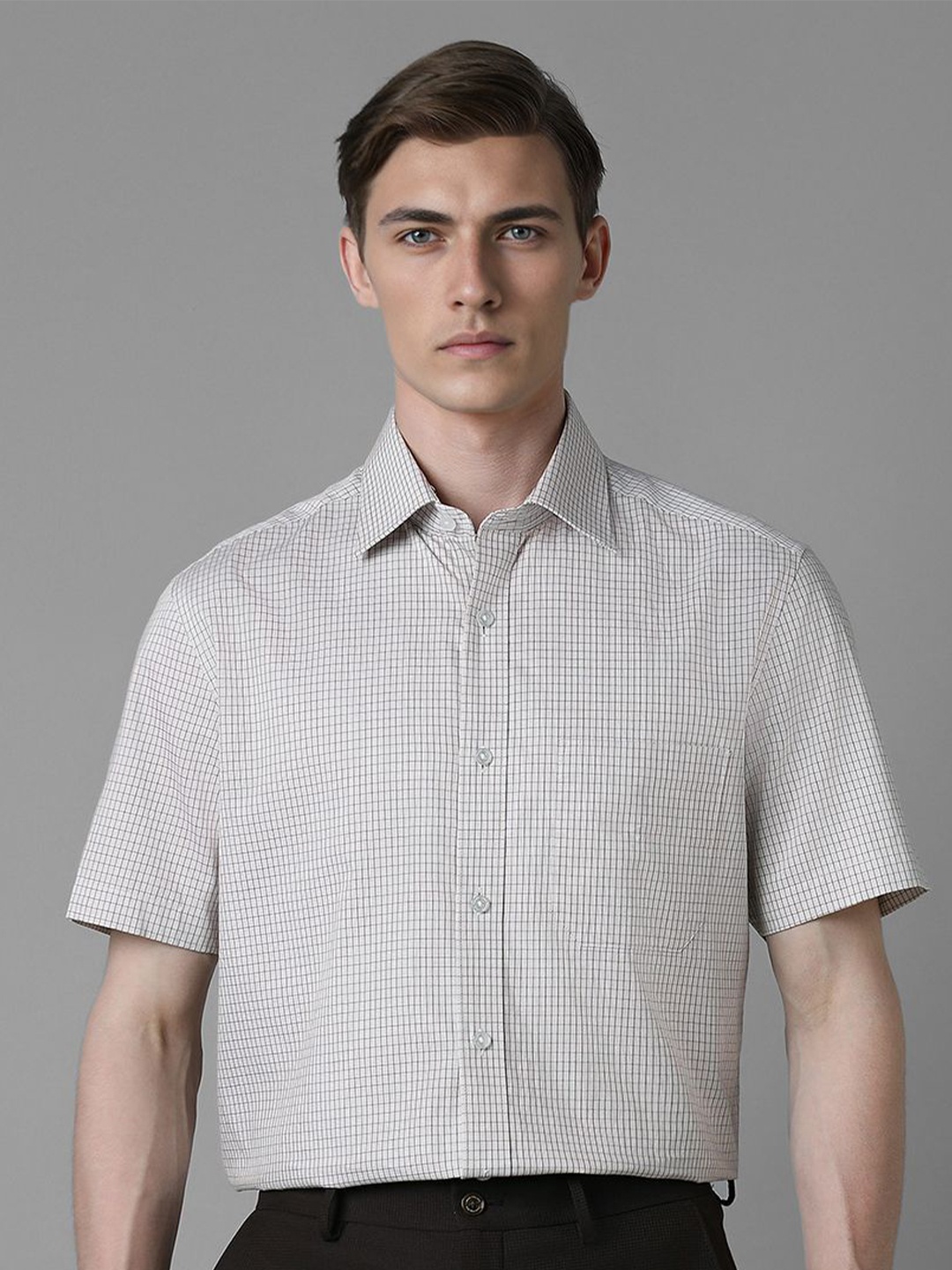 

Louis Philippe Men Spread Collar Micro Checked Cotton Formal Shirt, Grey