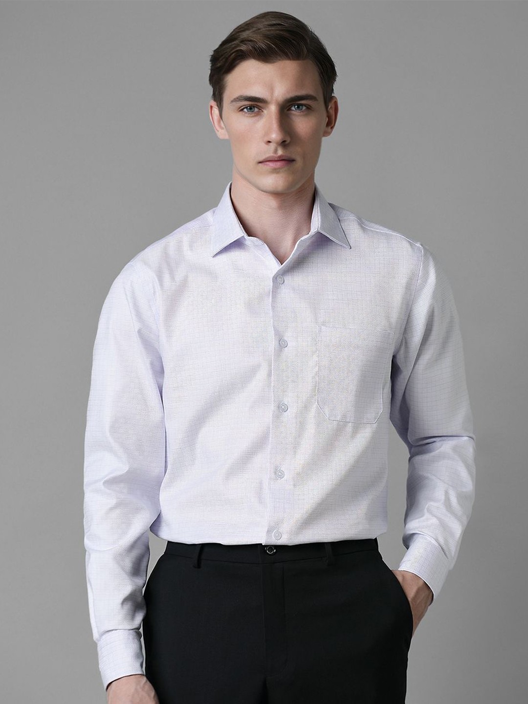 

Louis Philippe Men Spread Collar Micro Checked Cotton Formal Shirt, Blue