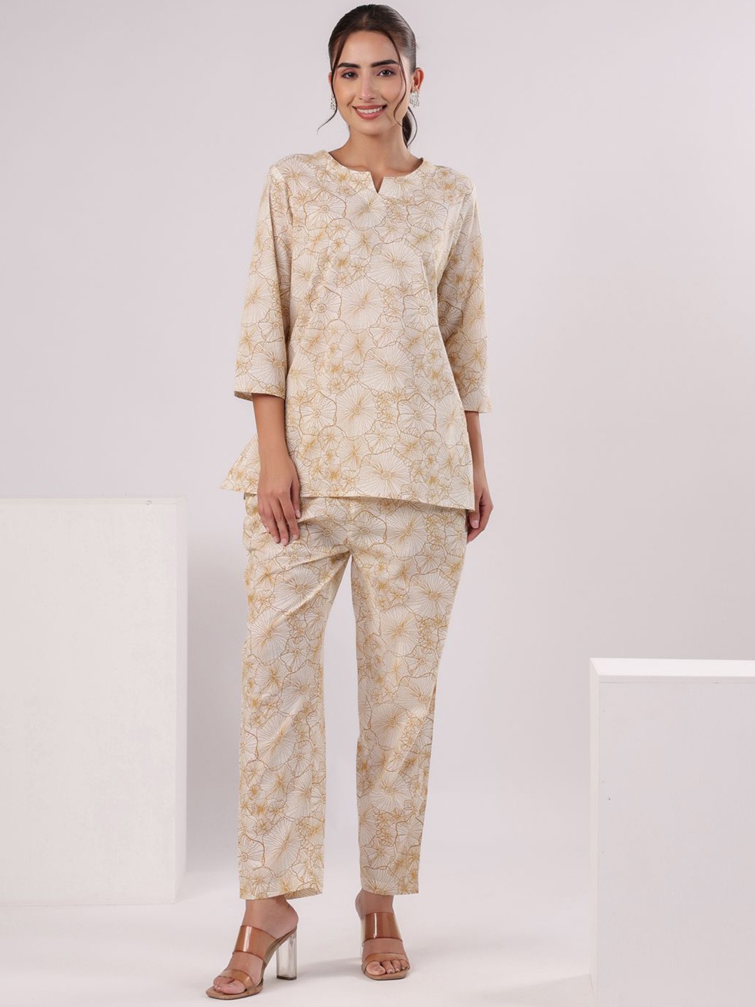 

SANSKRUTIHOMES Printed Pure Cotton Top & Trousers Co-Ords, White