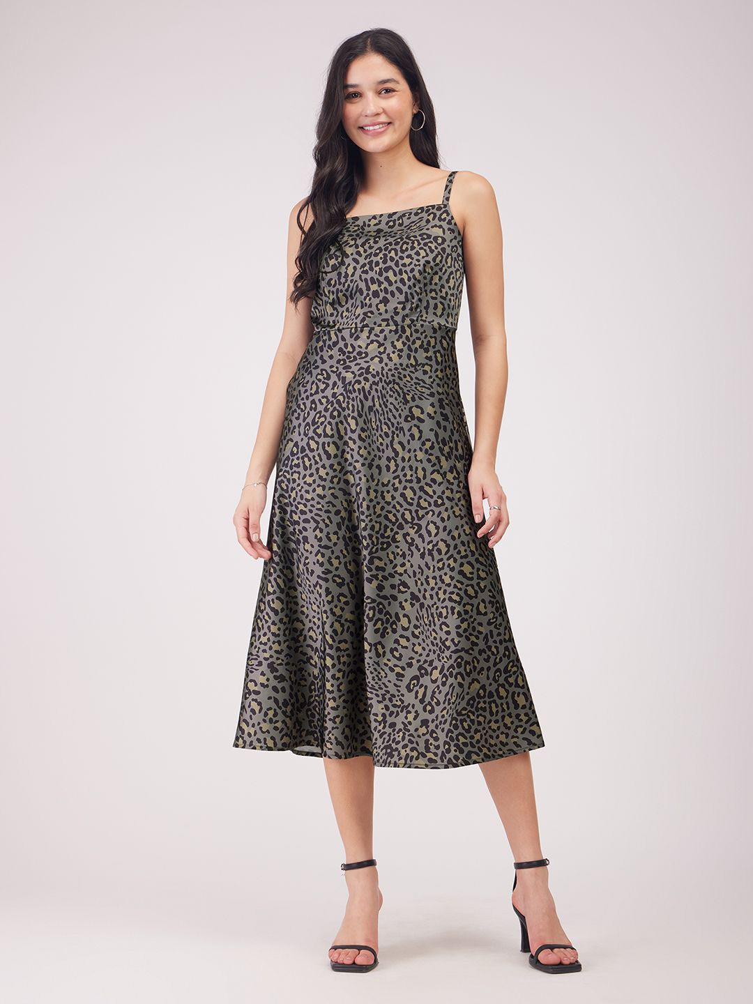 

FableStreet Women Shoulder Straps Sleeveless Fit & Flare Midi Dress, Olive