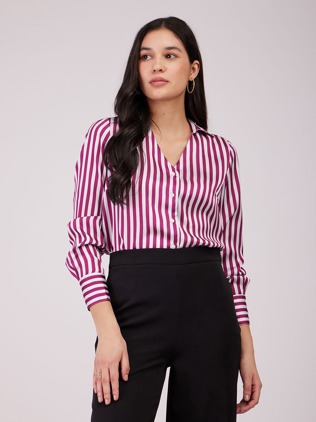 

FableStreet Women Vertical Striped Casual Shirt, Maroon