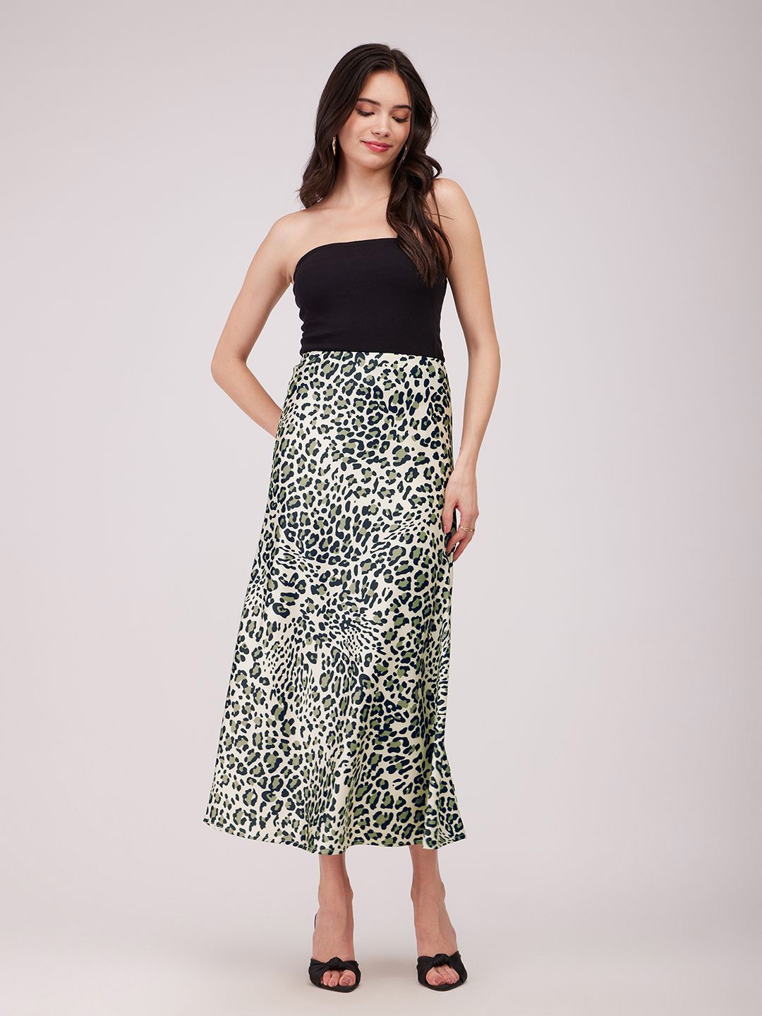

FableStreet Animal Printed A-Line Flared Midi Skirt, Beige