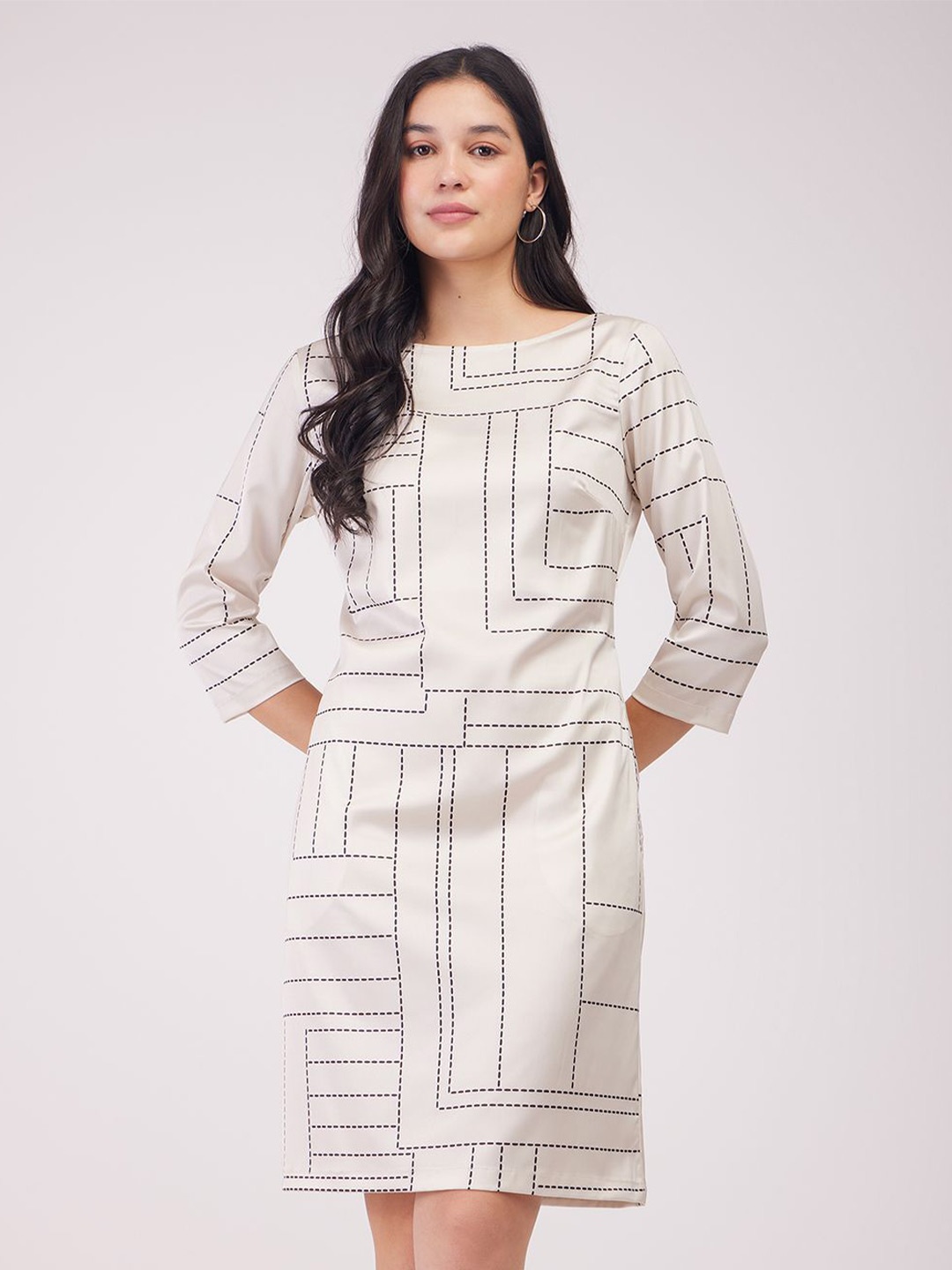 

FableStreet Women Printed Boat Neck Sheath Dress, Off white