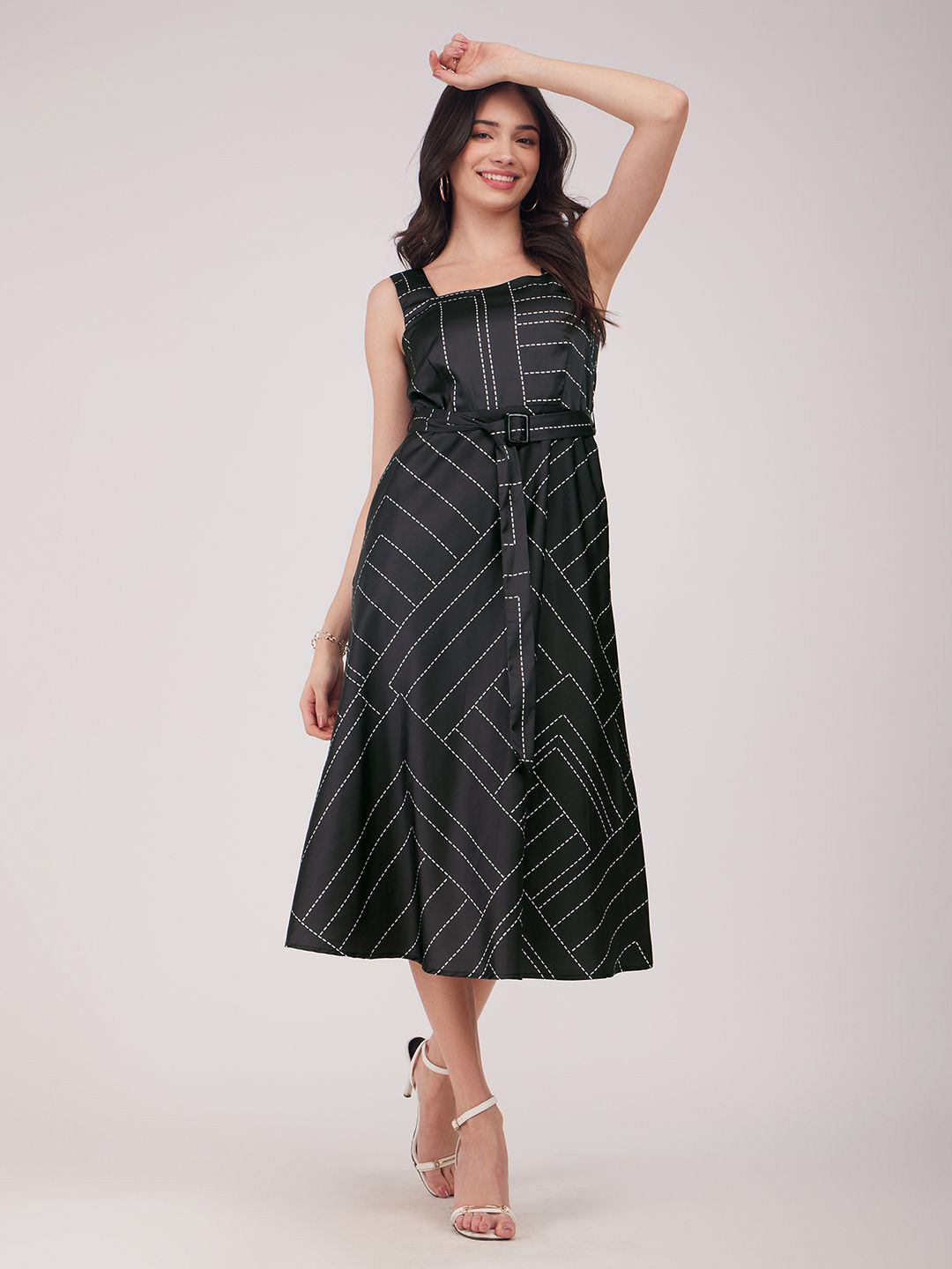 

FableStreet Women Striped A-Line Midi Dress, Black