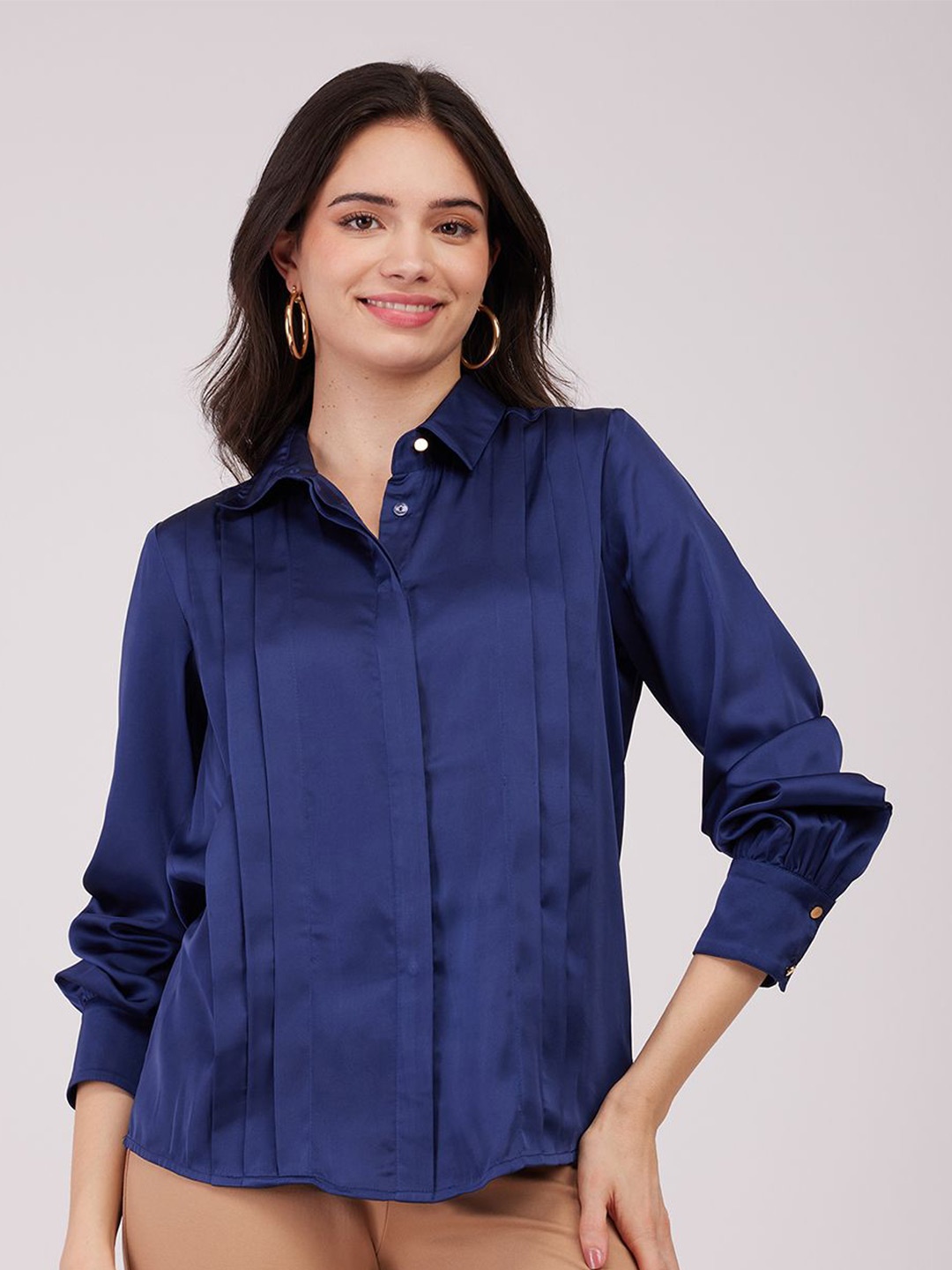 

FableStreet Women Opaque Pleat Striped Casual Shirt, Navy blue