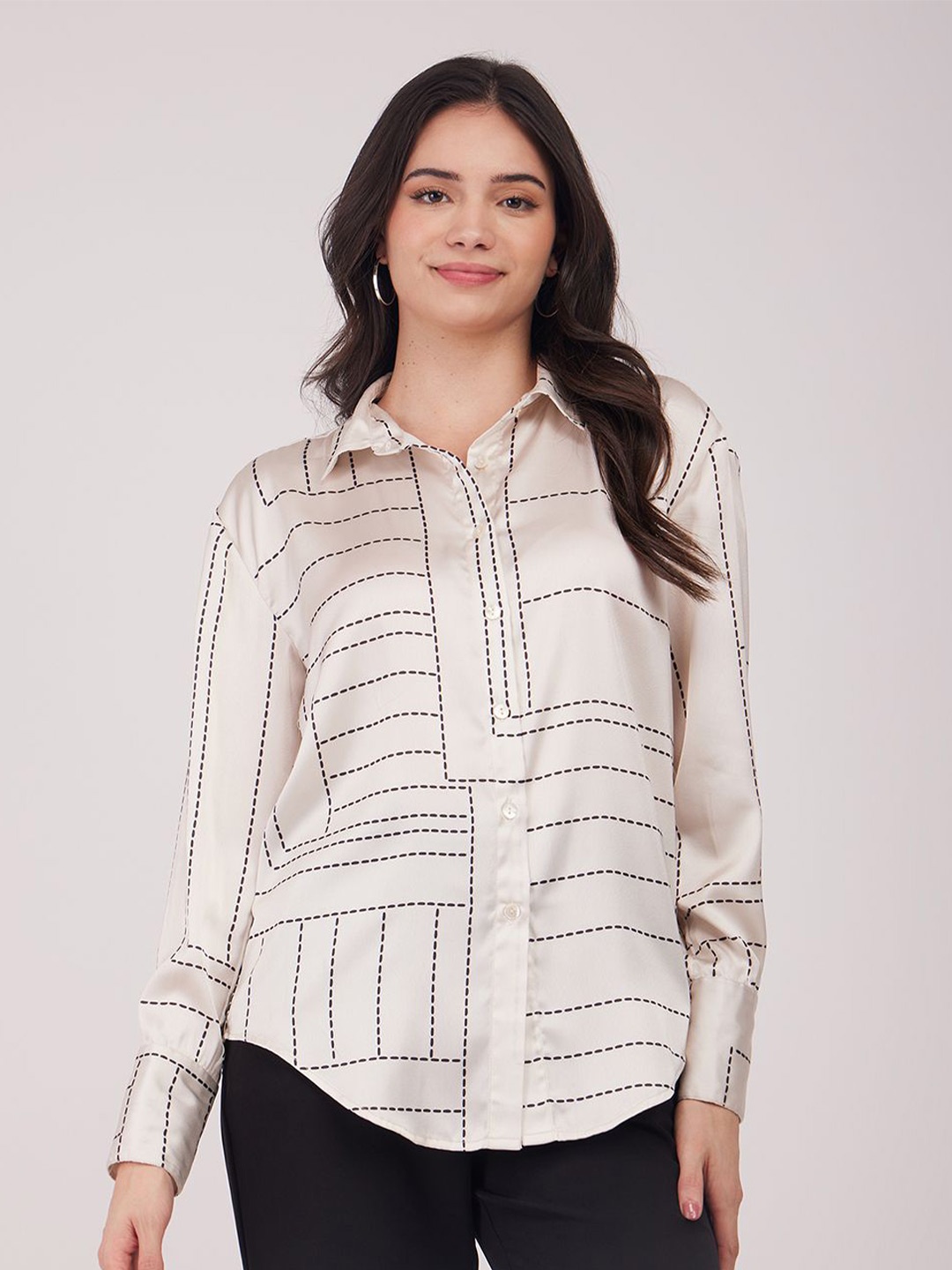 

FableStreet Women Abstract Printed Spread Collar Casual Shirt, Off white