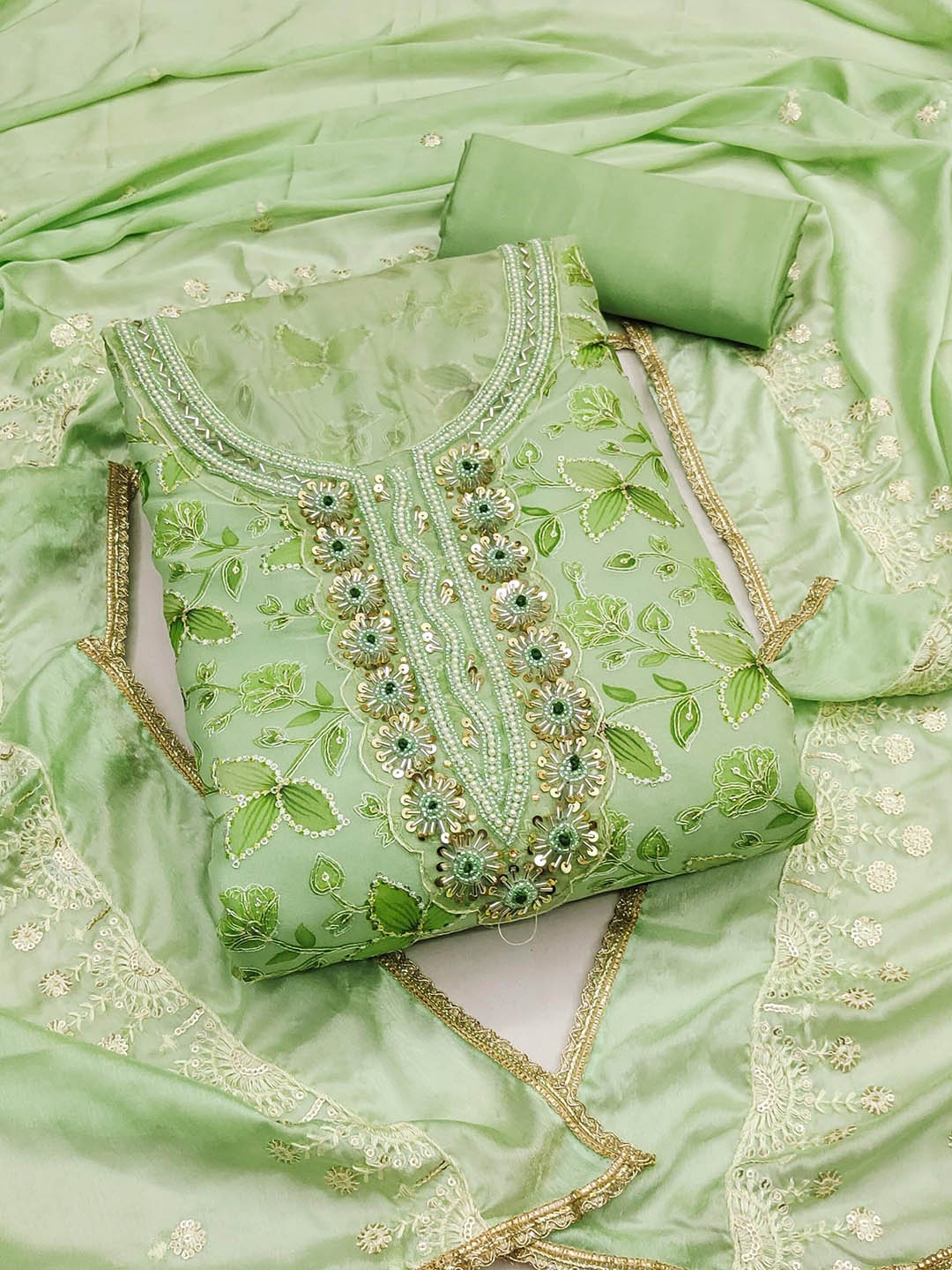 

MAHALASA Floral Embroidered Sequinned Unstitched Dress Material, Green