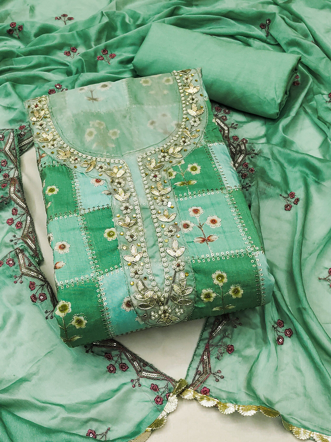 

MAHALASA Ethnic Motifs Printed Beads and Stones Unstitched Dress Material, Turquoise blue