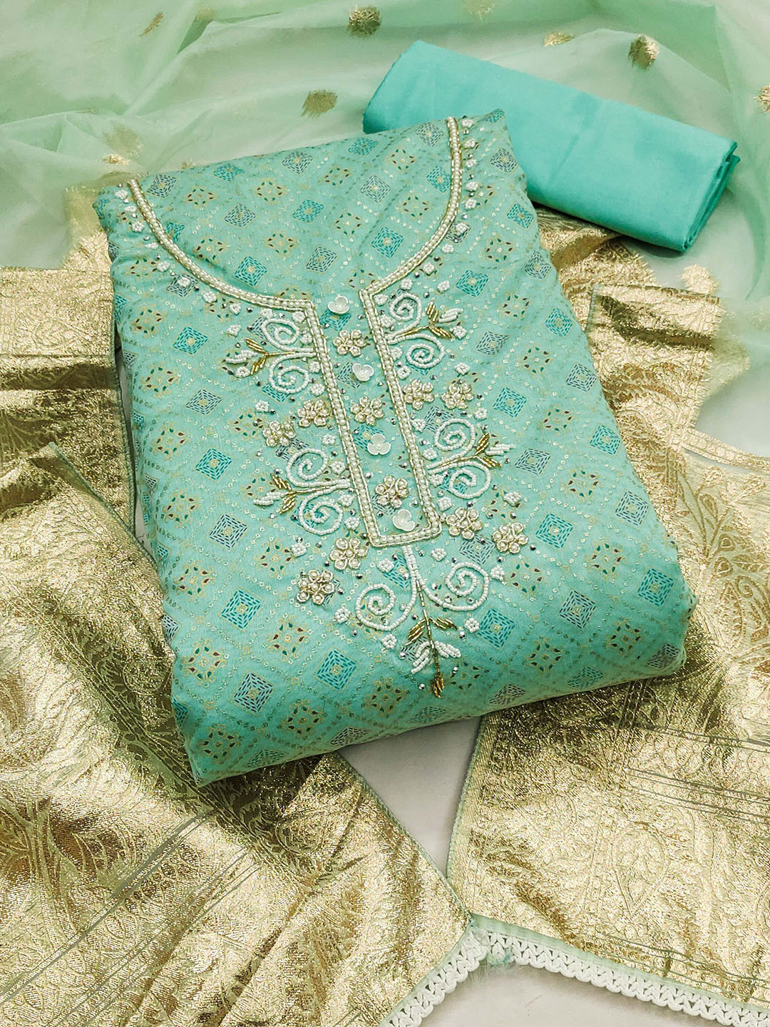 

MAHALASA Embroidered Unstitched Dress Material, Turquoise blue