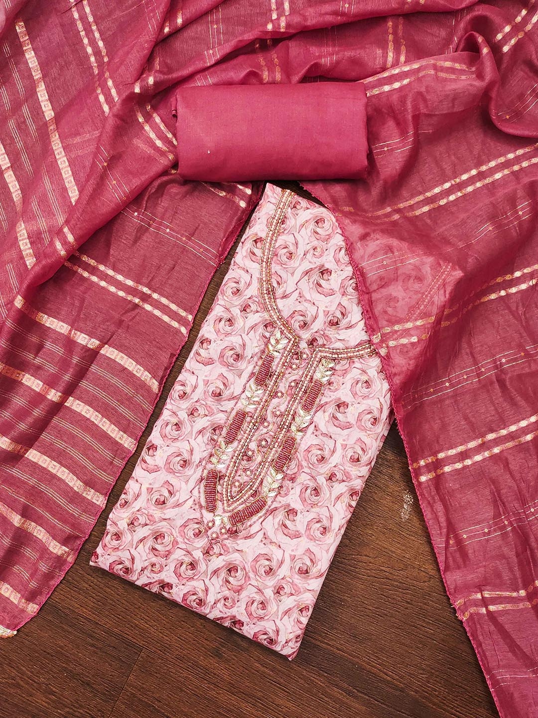 

MAHALASA Floral Embroidered Unstitched Dress Material, Pink