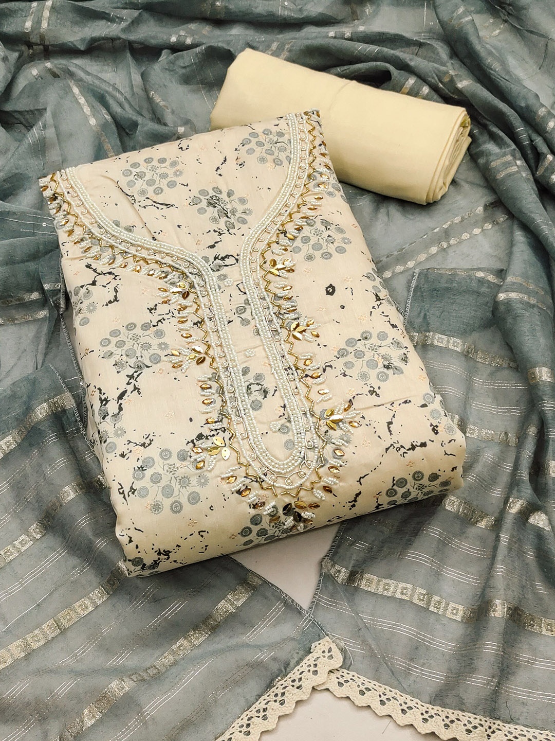 

MAHALASA Ethnic Motifs Printed Beads and Stones Unstitched Dress Material, Grey