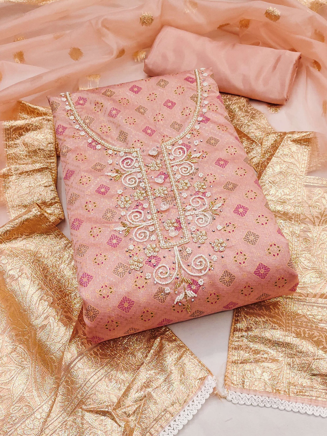 

MAHALASA Ethnic Motifs Embroidered Unstitched Dress Material, Pink