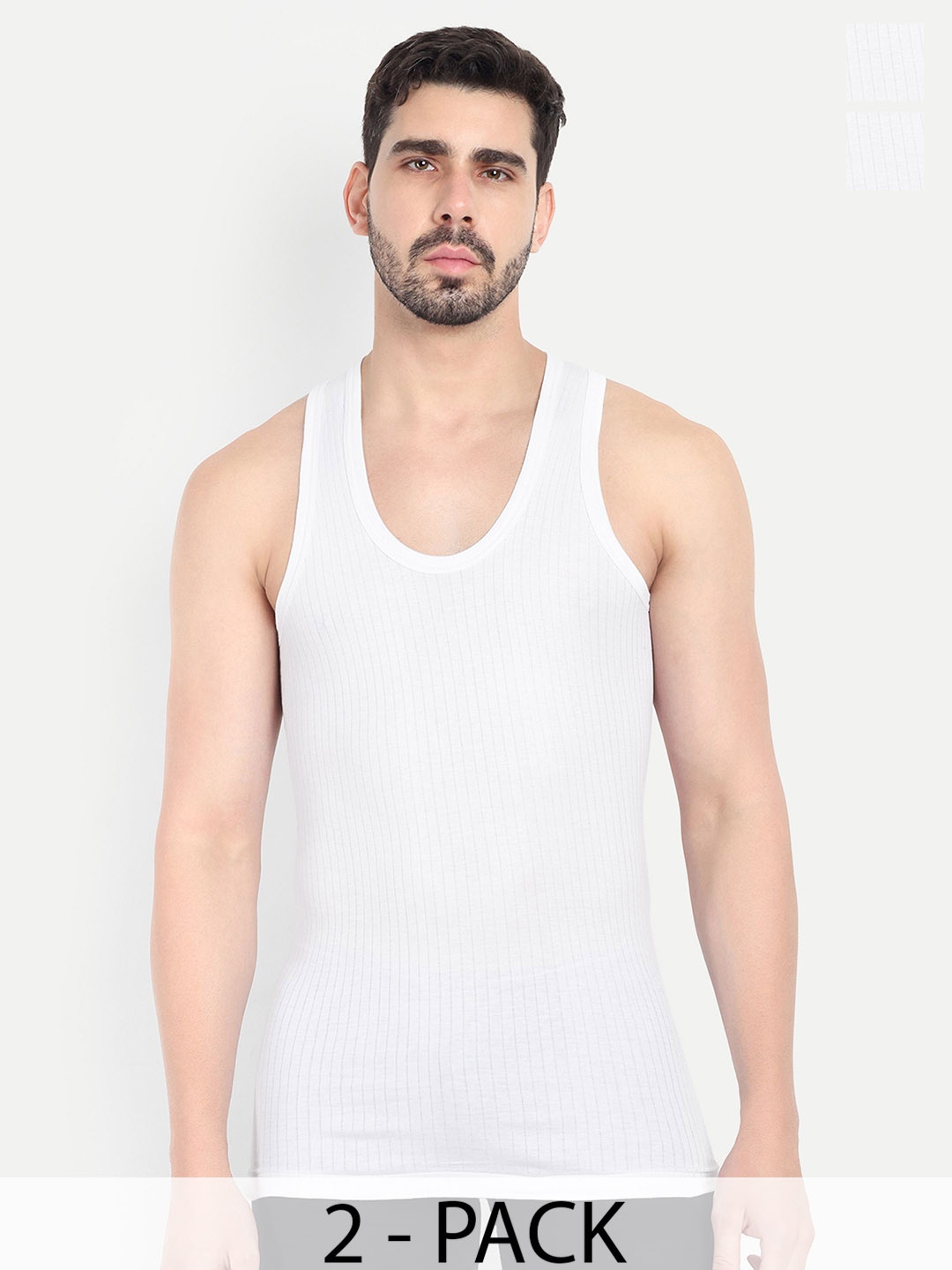 

KANSAL Men 2 Pcs Striped Scoop Neck Cotton Basic Vests 5-PARKER_P2_95, White