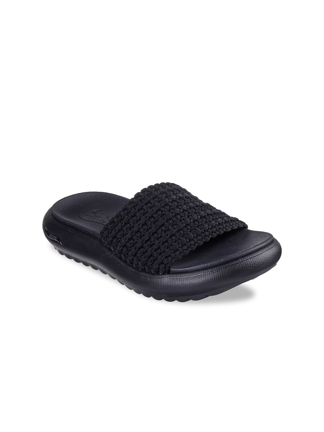 

Skechers Women Self Design Open Toe Slip On Sliders, Black