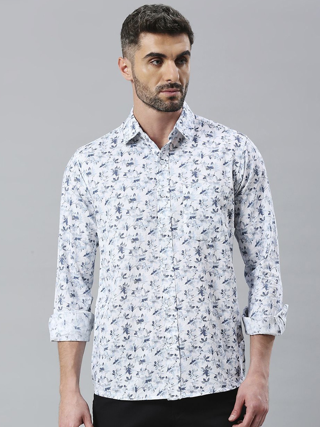

Klub Fox Men Spread Collar Floral Printed Cotton Slim Fit Casual Shirt, Blue