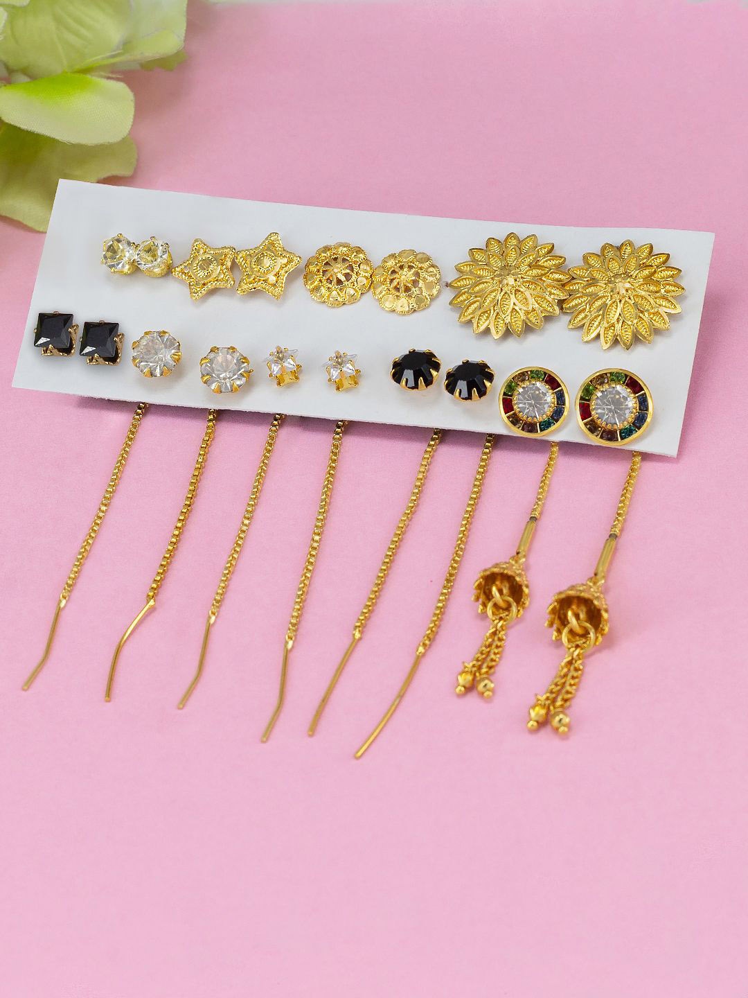 

PRIVIU Set of 9 Gold Plated Sui Dhaga, Jhumkas & Studs Earrings