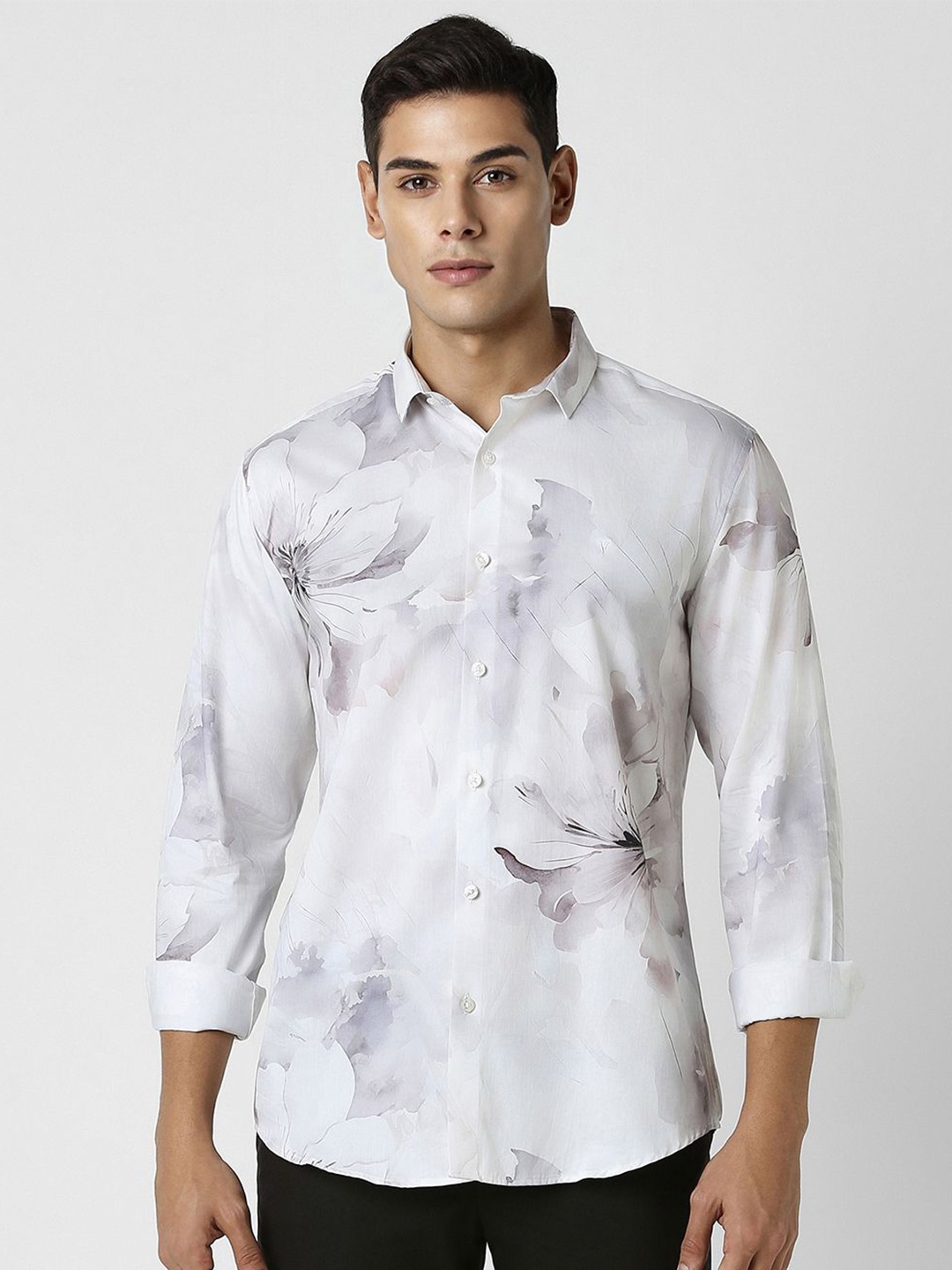 

V Dot Men Slim Fit Opaque Printed Party Shirt, White
