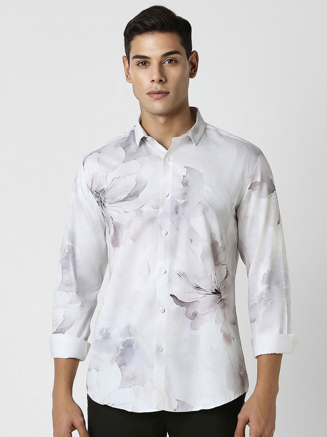 

V Dot Men Slim Fit Opaque Printed Party Shirt, White