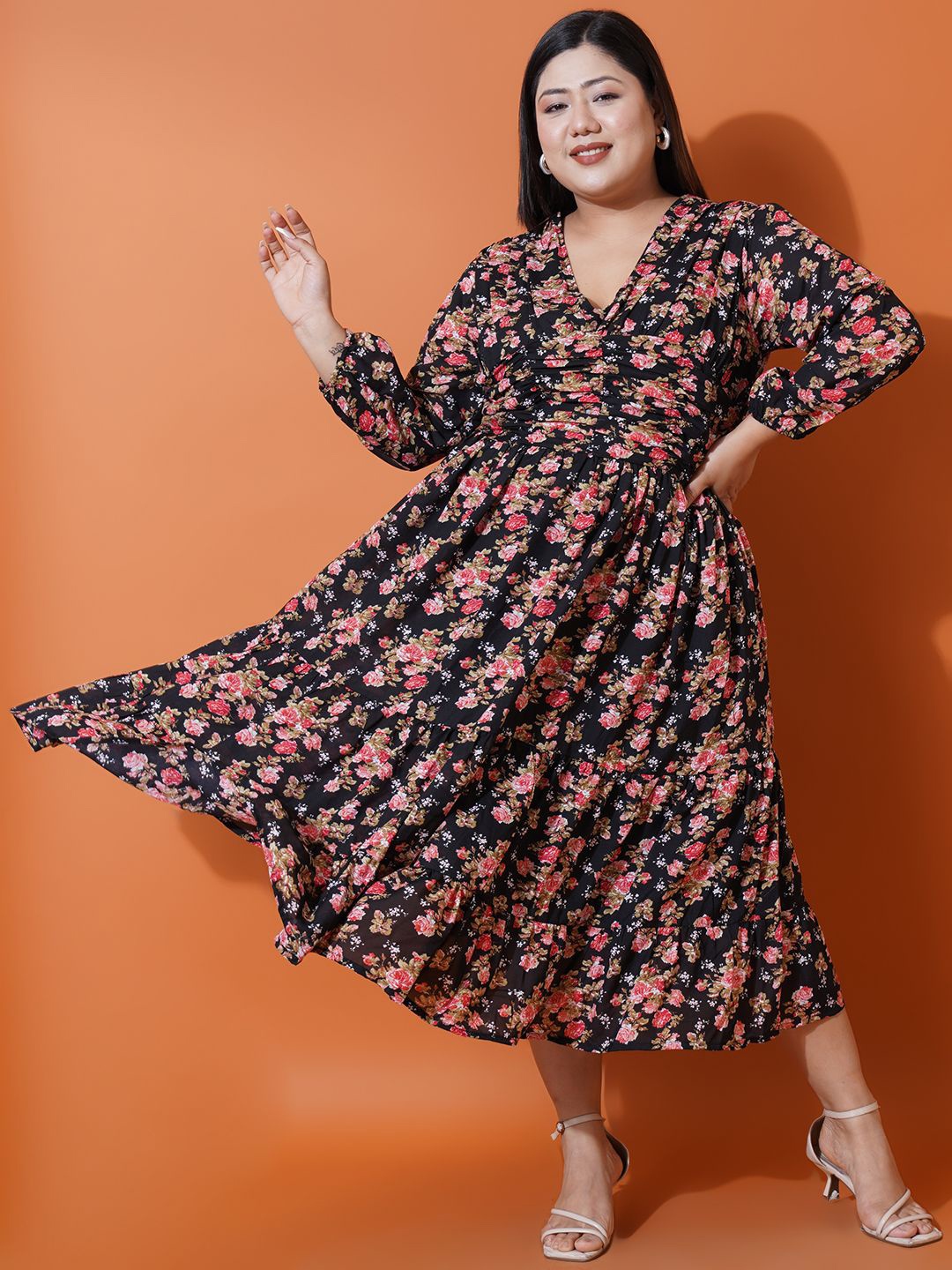

U&F Beyond Floral Print Flared Sleeve Ruffled Georgette Fit & Flare Midi Dress, Black