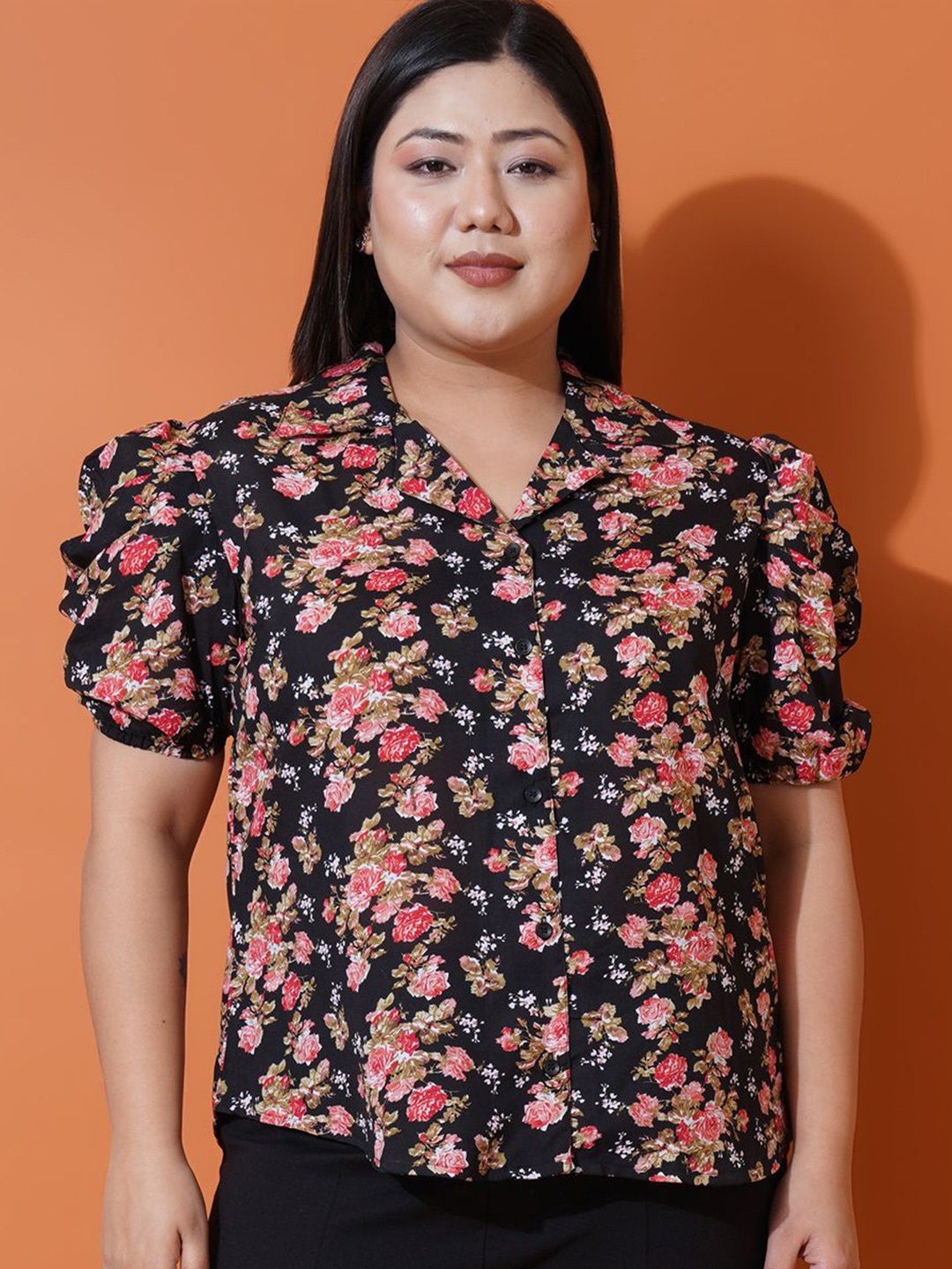 

U&F Beyond Floral Print Mandarin Collar Puff Sleeve Ruffles Georgette Shirt Style Top, Pink
