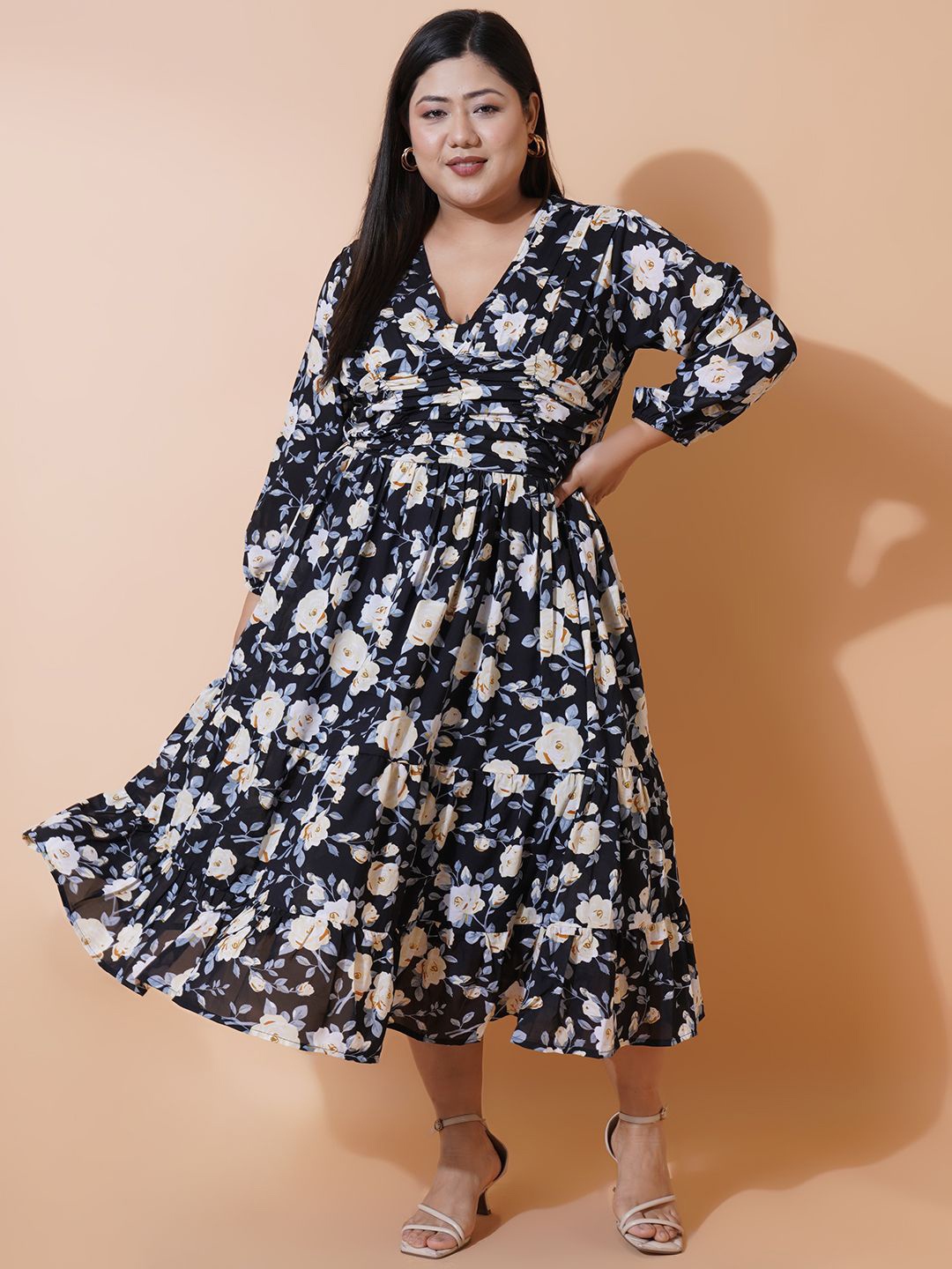 

U&F Beyond Plus Size Floral Printed Georgette Fit & Flare Midi Dress, Black