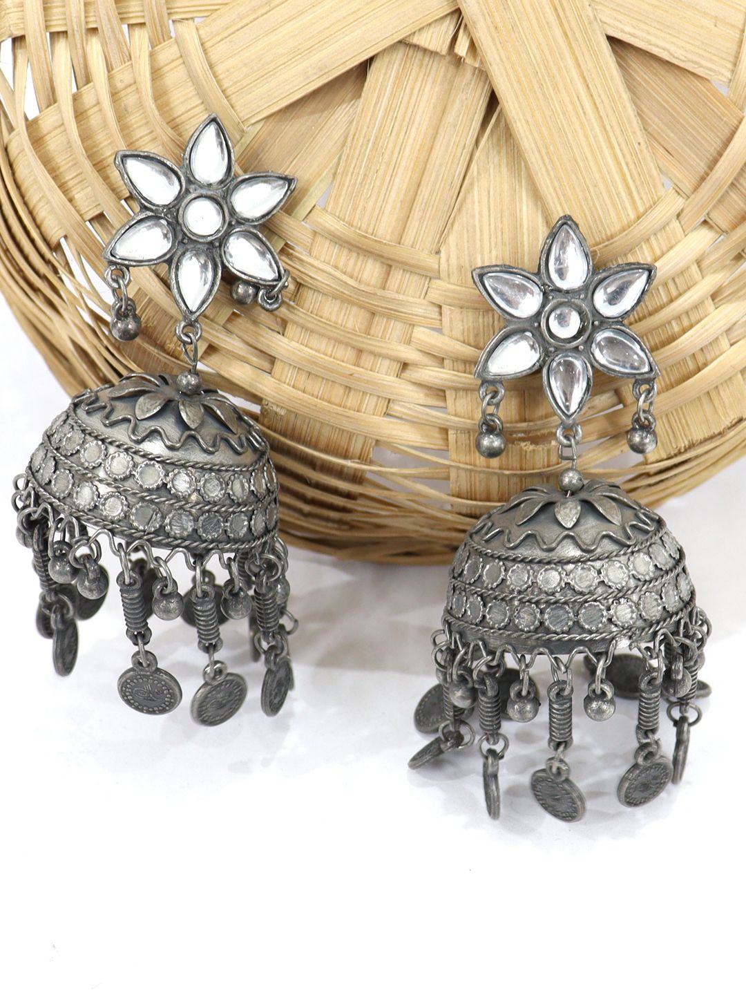 

VAGHBHATT German Silver Mirror Work Oxidized Jhumka