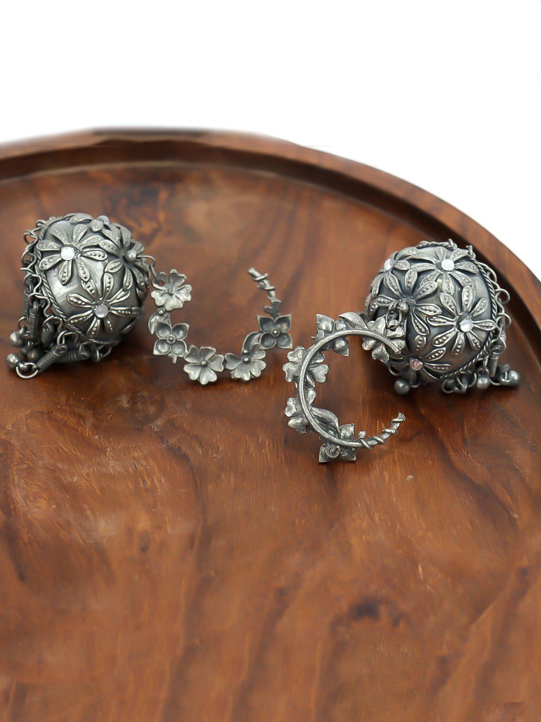 

VAGHBHATT Silver-Plated Floral Style Oxidized Jhumkas