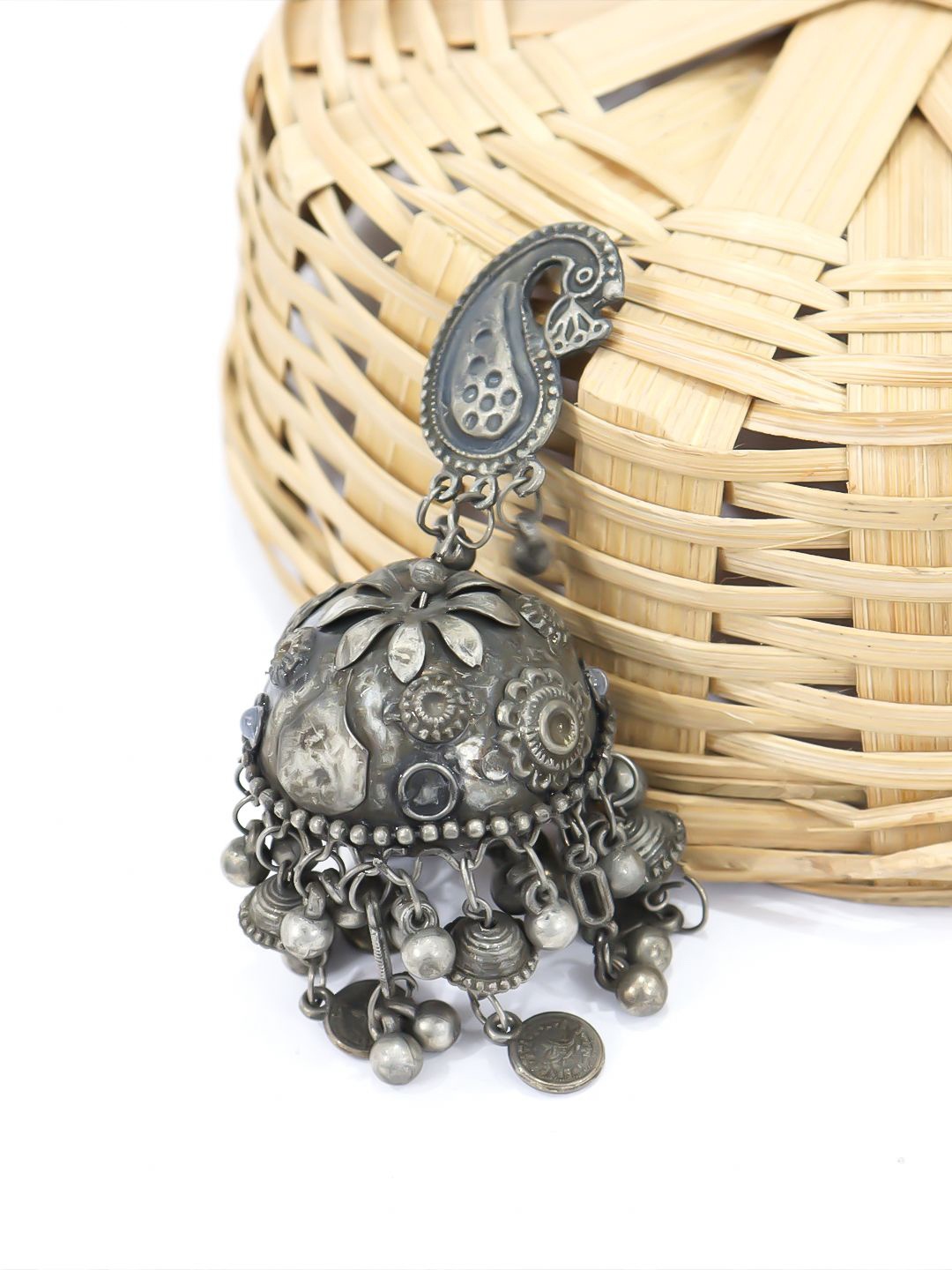 

VAGHBHATT Silver Plated Peacock Shaped Oxidised Jhumkas