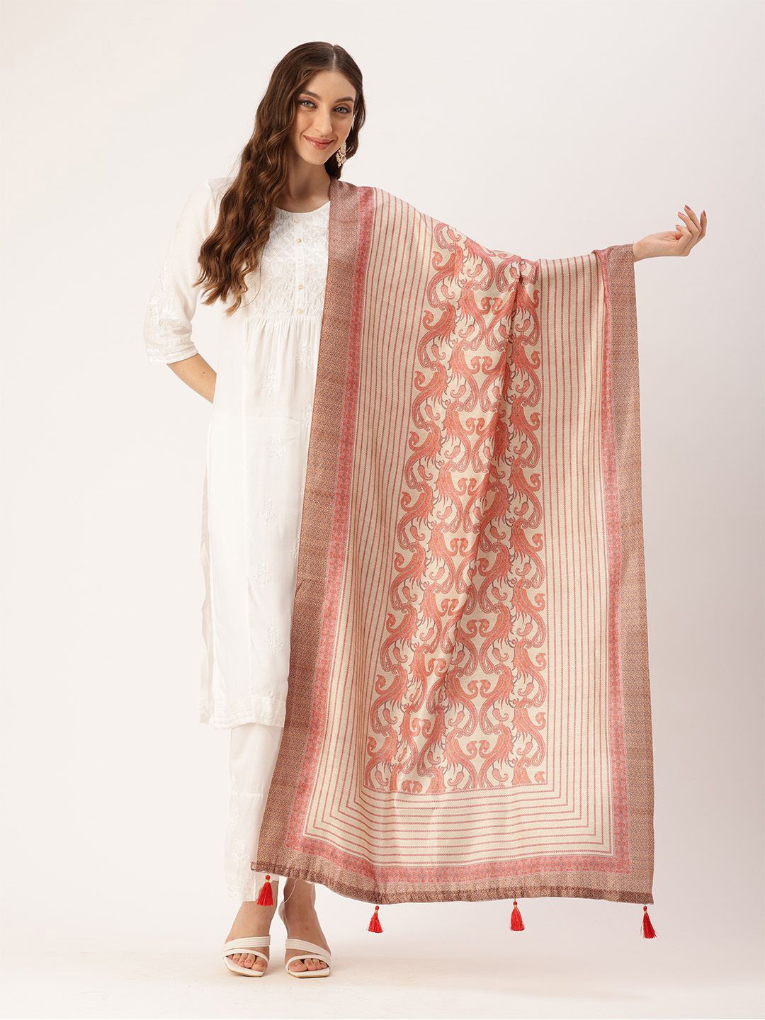 

Ishin Ethnic Motifs Printed Cotton Dupatta, Beige