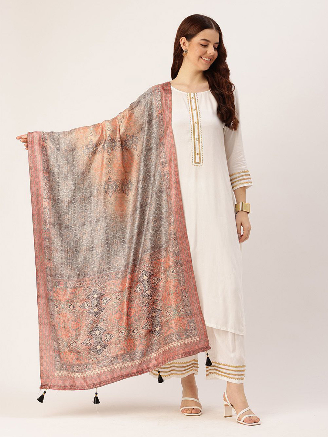 

Ishin Ethnic Motifs Printed Cotton Dupatta, Grey
