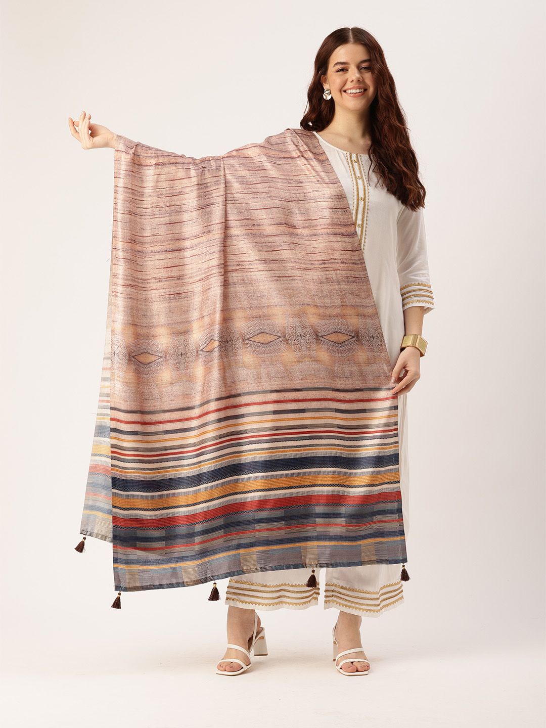 

Ishin Striped Cotton Dupatta, Beige