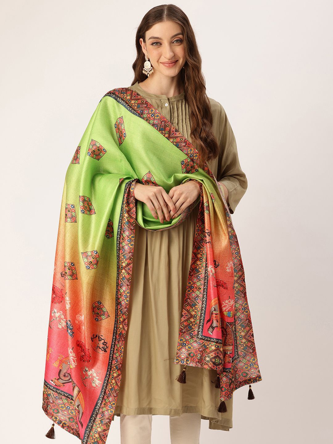 

Ishin Ethnic Motifs Printed Cotton Dupatta, Green