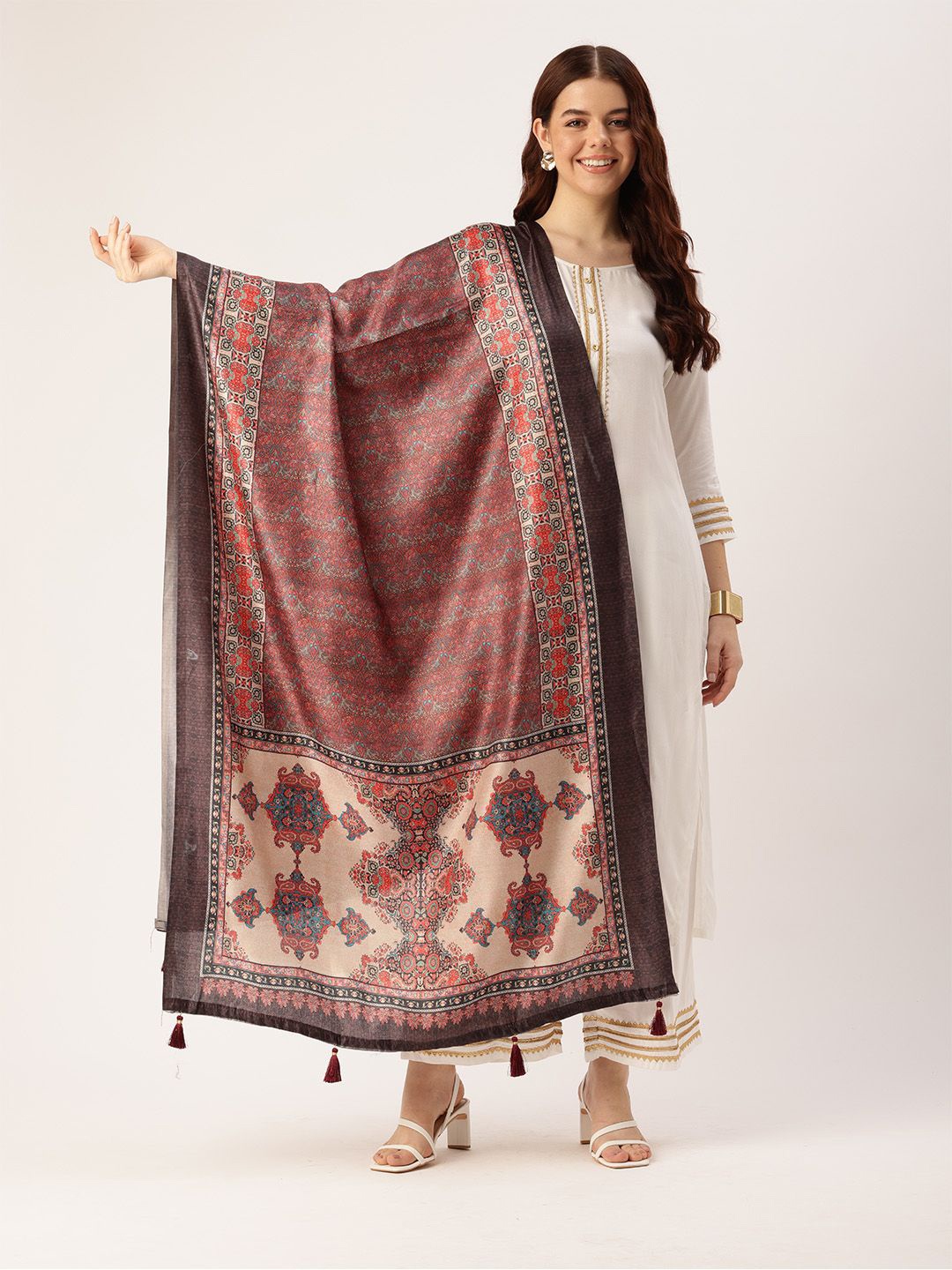 

Ishin Ethnic Motifs Printed Cotton Dupatta, Red