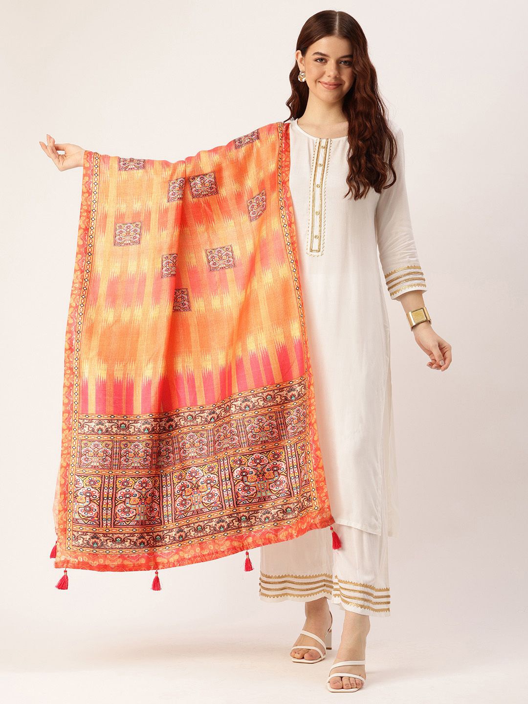 

Ishin Ethnic Motifs Printed Cotton Dupatta, Orange