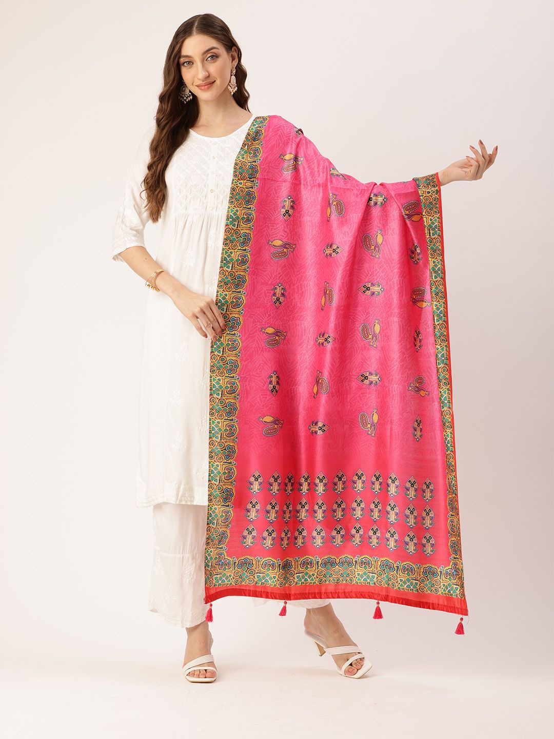 

Ishin Ethnic Motifs Woven Design Cotton Dupatta, Pink