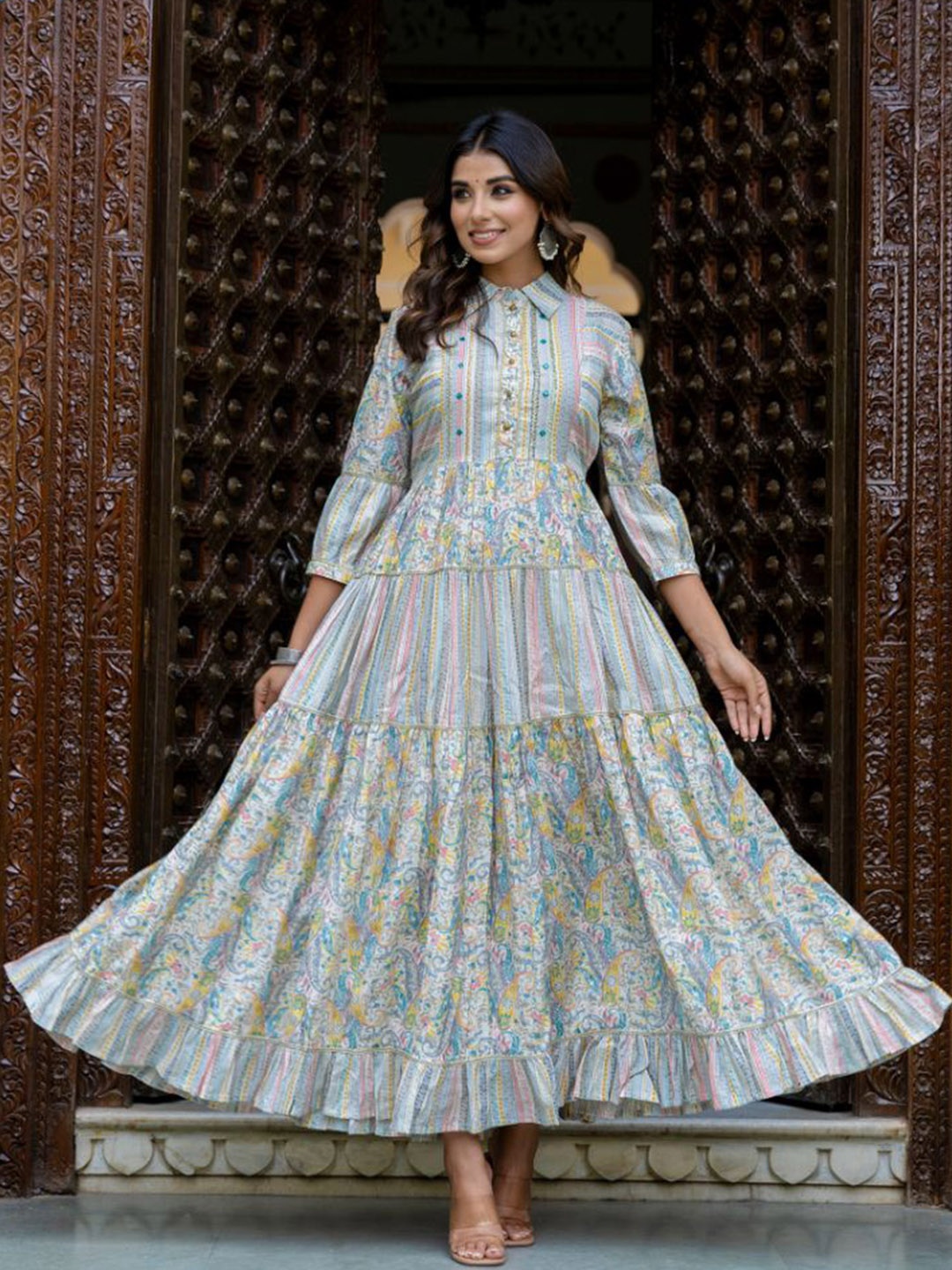 

KALINI Floral Printed Shirt Collar Modal Anarkali Kurta, Grey