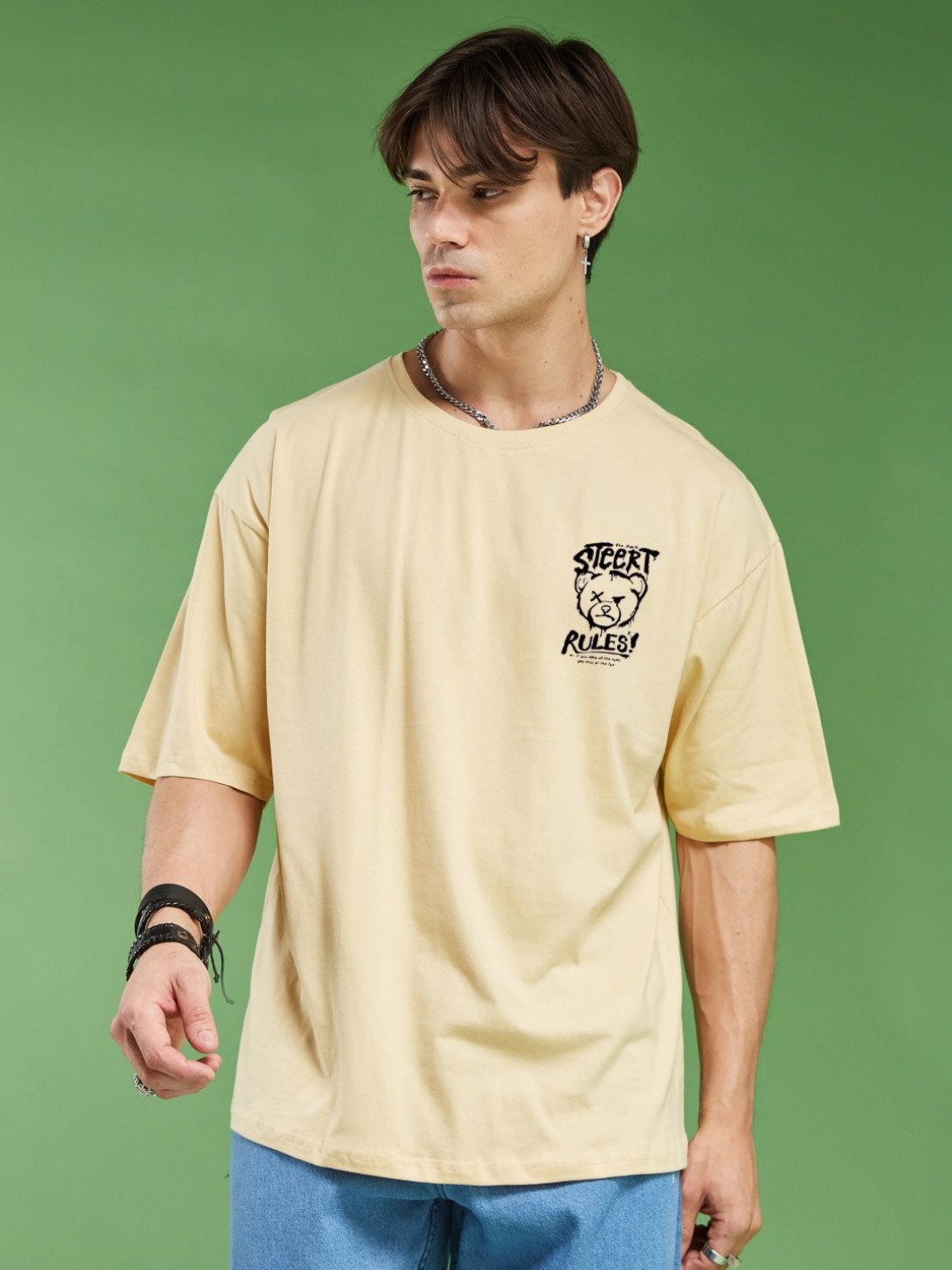 

SMARTEES Men Typography Printed Round Neck Cotton Oversized T-Shirt, Beige