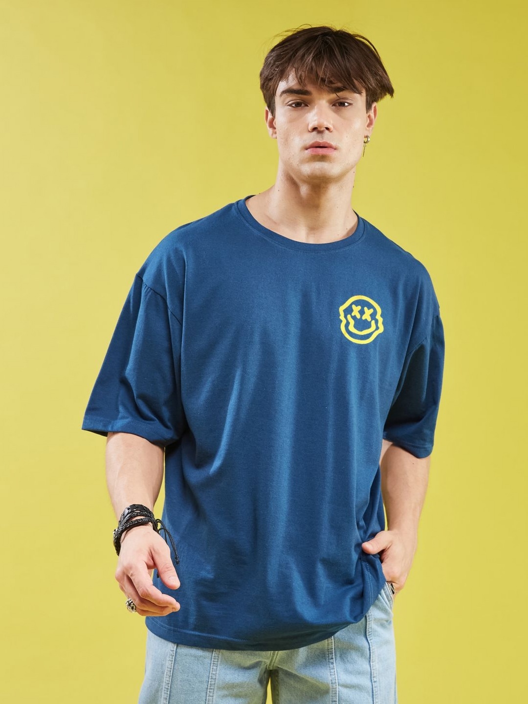 

SMARTEES Men Typography Printed Round Neck Cotton Oversized T-Shirt, Blue