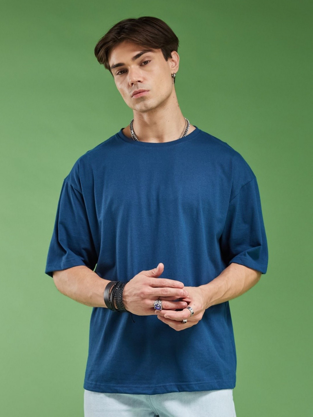 

SMARTEES Men Typography Printed Round Neck Cotton Oversized T-Shirt, Blue