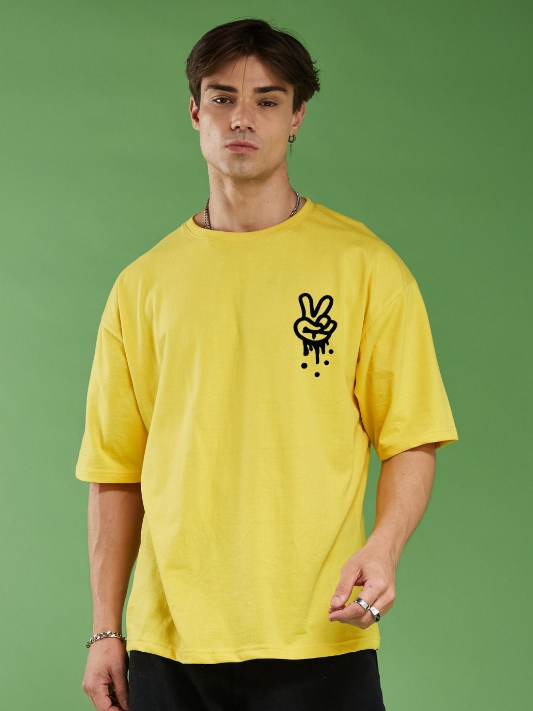 

SMARTEES Men Typography Printed Round Neck Cotton Oversized T-Shirt, Yellow