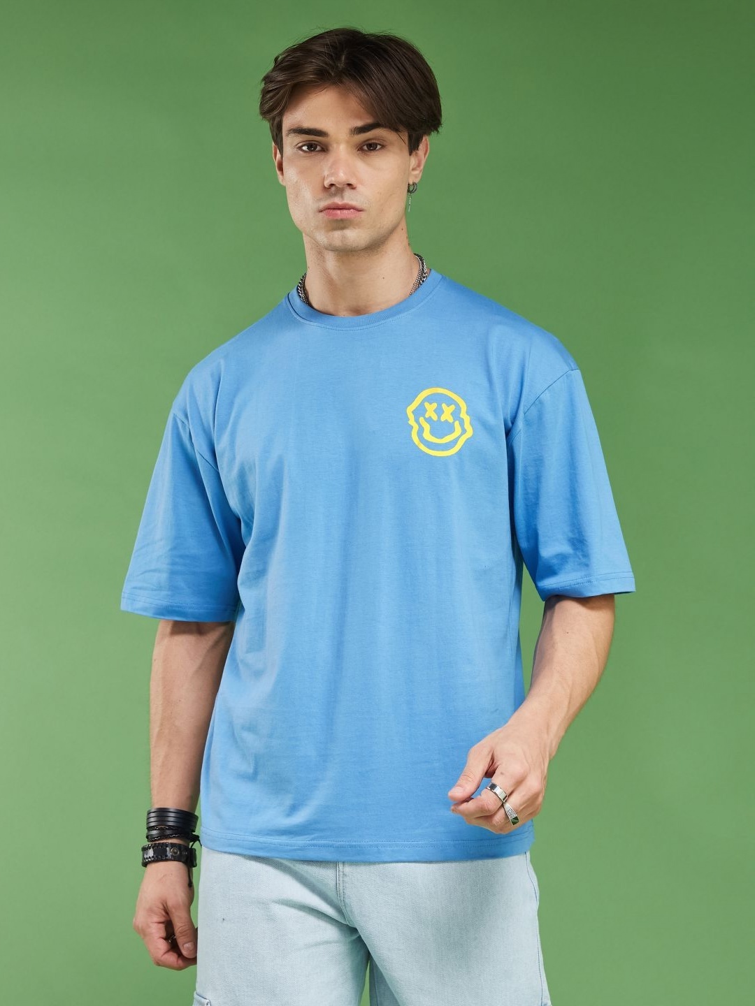 

SMARTEES Men Typography Printed Round Neck Cotton Oversized T-Shirt, Blue