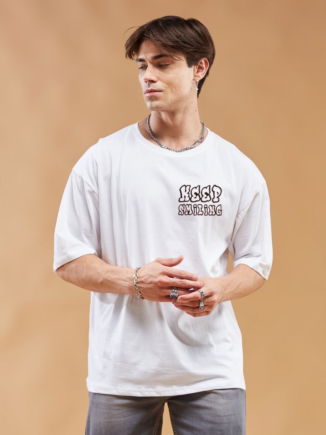 

SMARTEES Men Typography Printed Round Neck Cotton Oversized T-Shirt, White