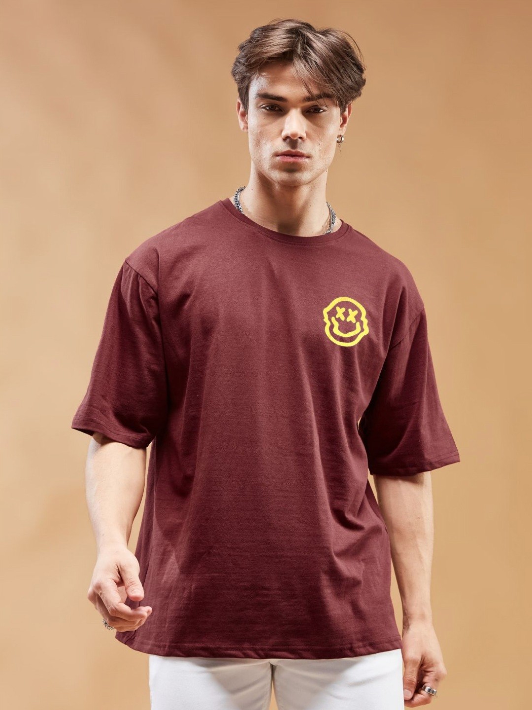 

SMARTEES Men Typography Printed Round Neck Cotton Oversized T-Shirt, Maroon
