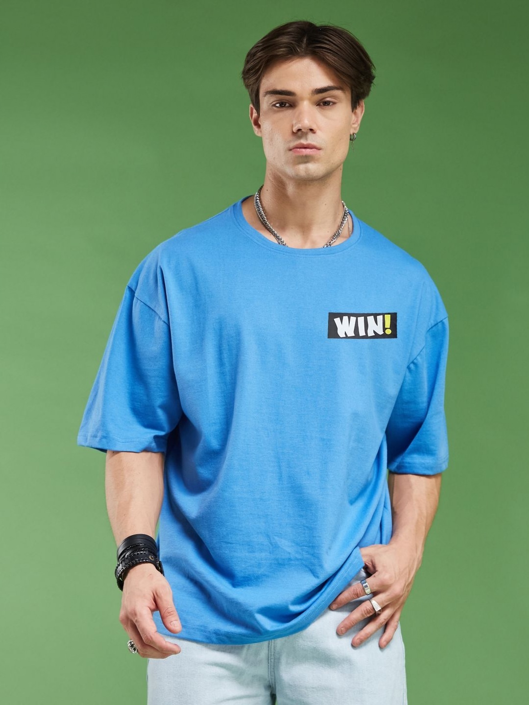 

SMARTEES Men Typography Printed Round Neck Cotton Oversized T-Shirt, Blue