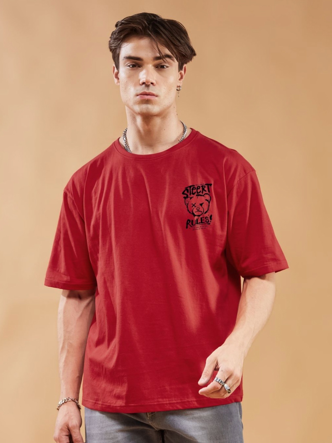 

SMARTEES Men Typography Printed Round Neck Cotton Oversized T-Shirt, Red